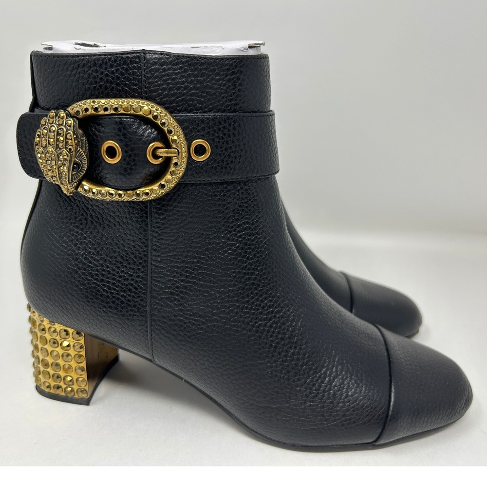 Kurt Geiger London Black Leather Eagle Buckle Crystal Heel Ankle Boots Women 8.5